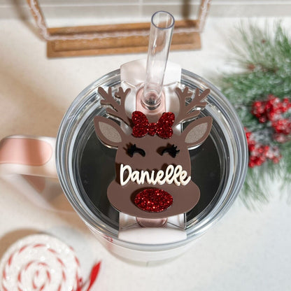 Cute Reindeer, Stanley Tumbler Accessories, Tumbler Tag, Name Plate, Personalized Name Tag,  Reindeer with Bow, Christmas Gift, 40oz tumbler